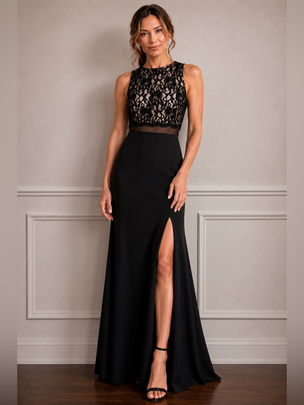 NW Nightway Black Nude Lace Illusion Formal Gown Maxi Dress Size 8